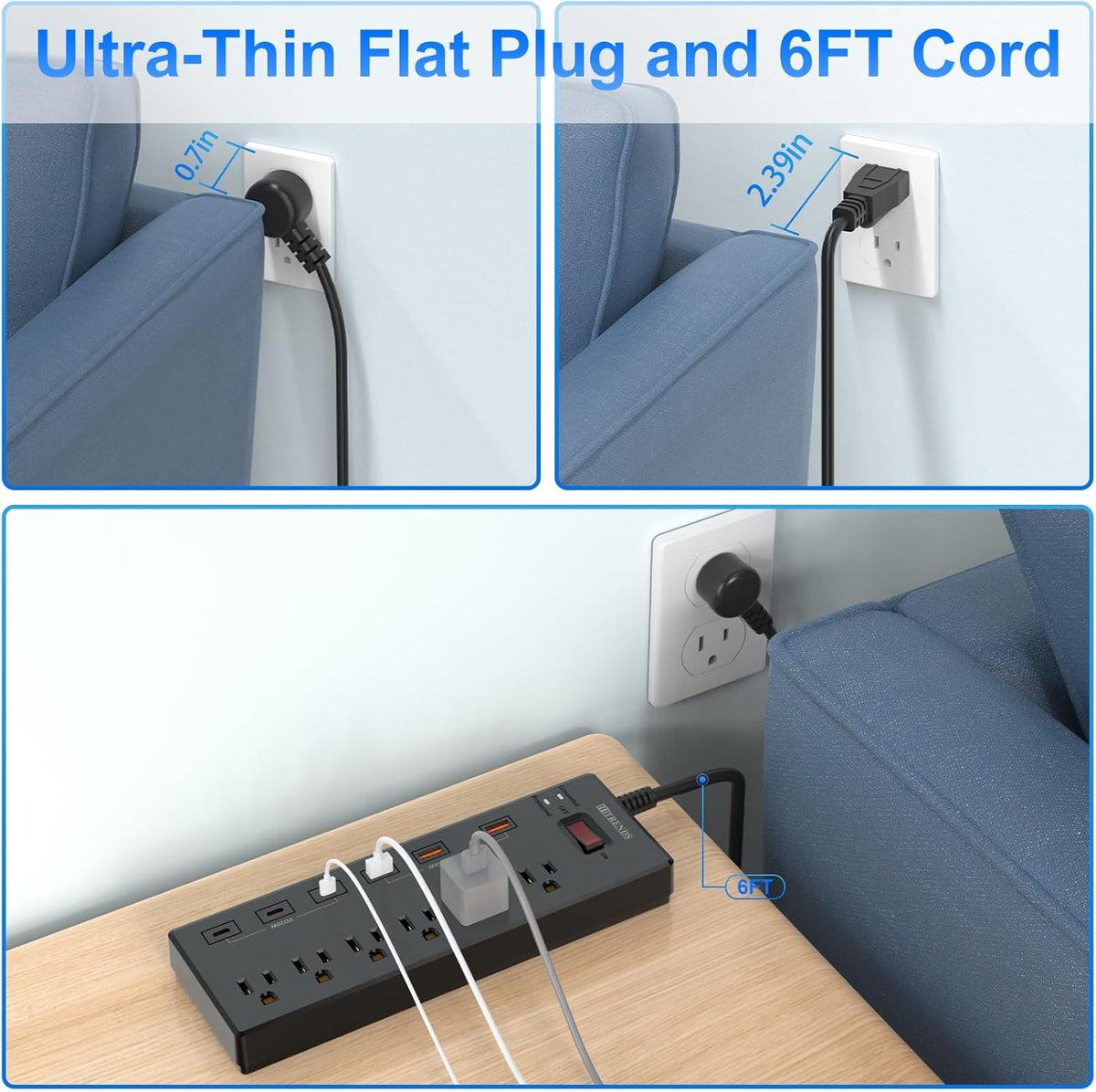 Power Strip with USB C Ports,  Surge Protector with 6 AC Outlets & 6 USB Ports (3 USB C & 3 USB A), 20W PD Fast Charging Station, 6FT Flat Plug Extension Cord, 1625W/13A, for Home Office