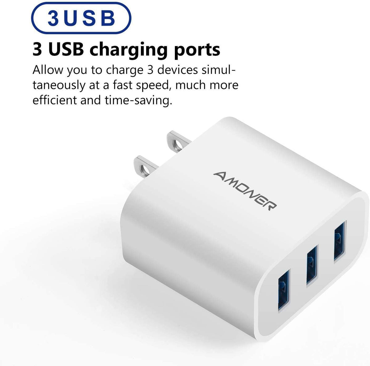 15W 3-Port USB Wall Charger (2-Pack) for iPhone, Galaxy, Android Phones and More
