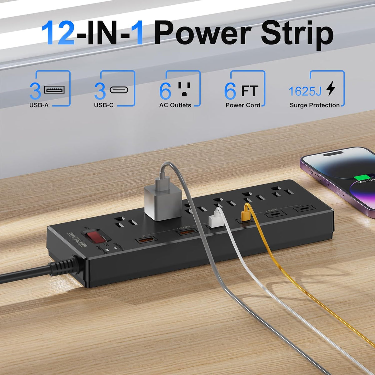 Power Strip with USB C Ports,  Surge Protector with 6 AC Outlets & 6 USB Ports (3 USB C & 3 USB A), 20W PD Fast Charging Station, 6FT Flat Plug Extension Cord, 1625W/13A, for Home Office
