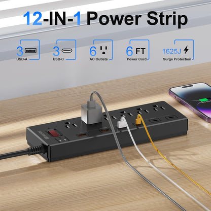 Power Strip with USB C Ports,  Surge Protector with 6 AC Outlets & 6 USB Ports (3 USB C & 3 USB A), 20W PD Fast Charging Station, 6FT Flat Plug Extension Cord, 1625W/13A, for Home Office