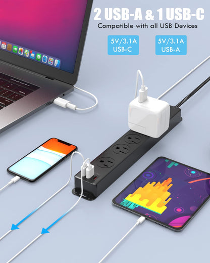 Premium Surge Protector Power Strip with USB-C Ports and 10FT Braided Extension Cord