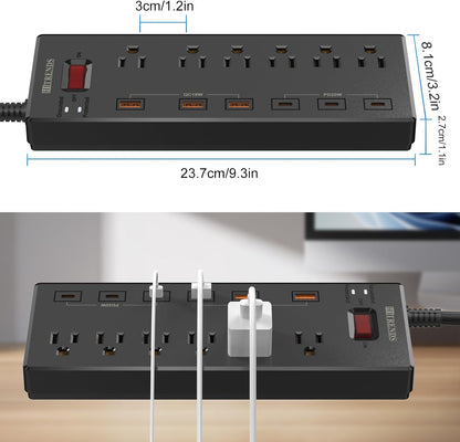 Power Strip with USB C Ports,  Surge Protector with 6 AC Outlets & 6 USB Ports (3 USB C & 3 USB A), 20W PD Fast Charging Station, 6FT Flat Plug Extension Cord, 1625W/13A, for Home Office