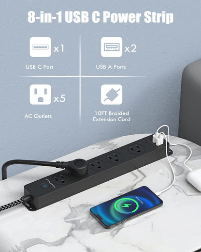 Premium Surge Protector Power Strip with USB-C Ports and 10FT Braided Extension Cord