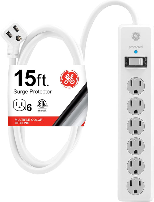 GE Surge Protector Power Strip, 15 Ft Extension Cord, 6 Outlet Extender, 800 Joules, Flat Plug, Twist-To-Close Safety Covers, ETL Listed, White, 50768