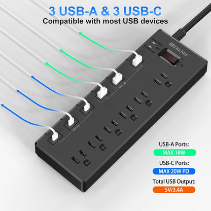 Power Strip with USB C Ports,  Surge Protector with 6 AC Outlets & 6 USB Ports (3 USB C & 3 USB A), 20W PD Fast Charging Station, 6FT Flat Plug Extension Cord, 1625W/13A, for Home Office