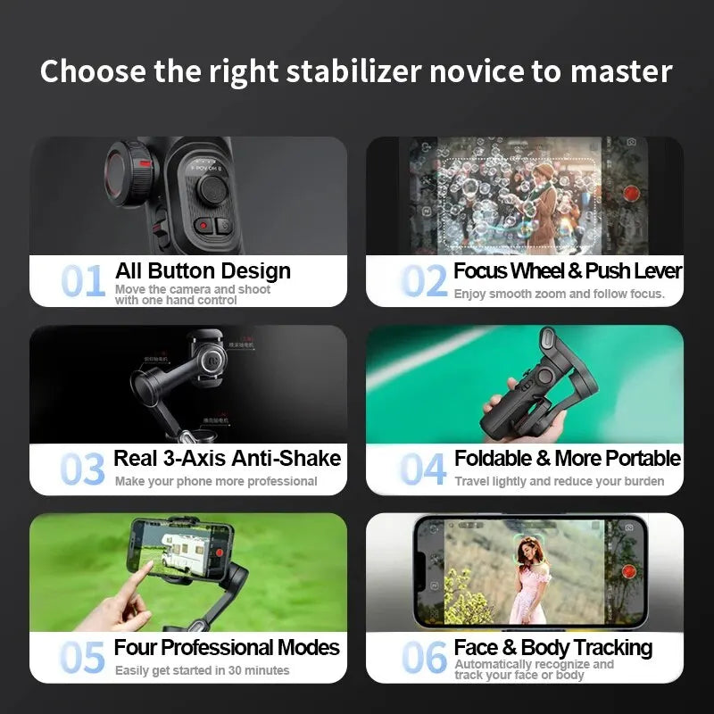 Smartxe 3-Axis Handheld Gimbal Stabilizer with AI Face Tracking for Smartphones, iPhone, and Android - Ideal for Vlogging