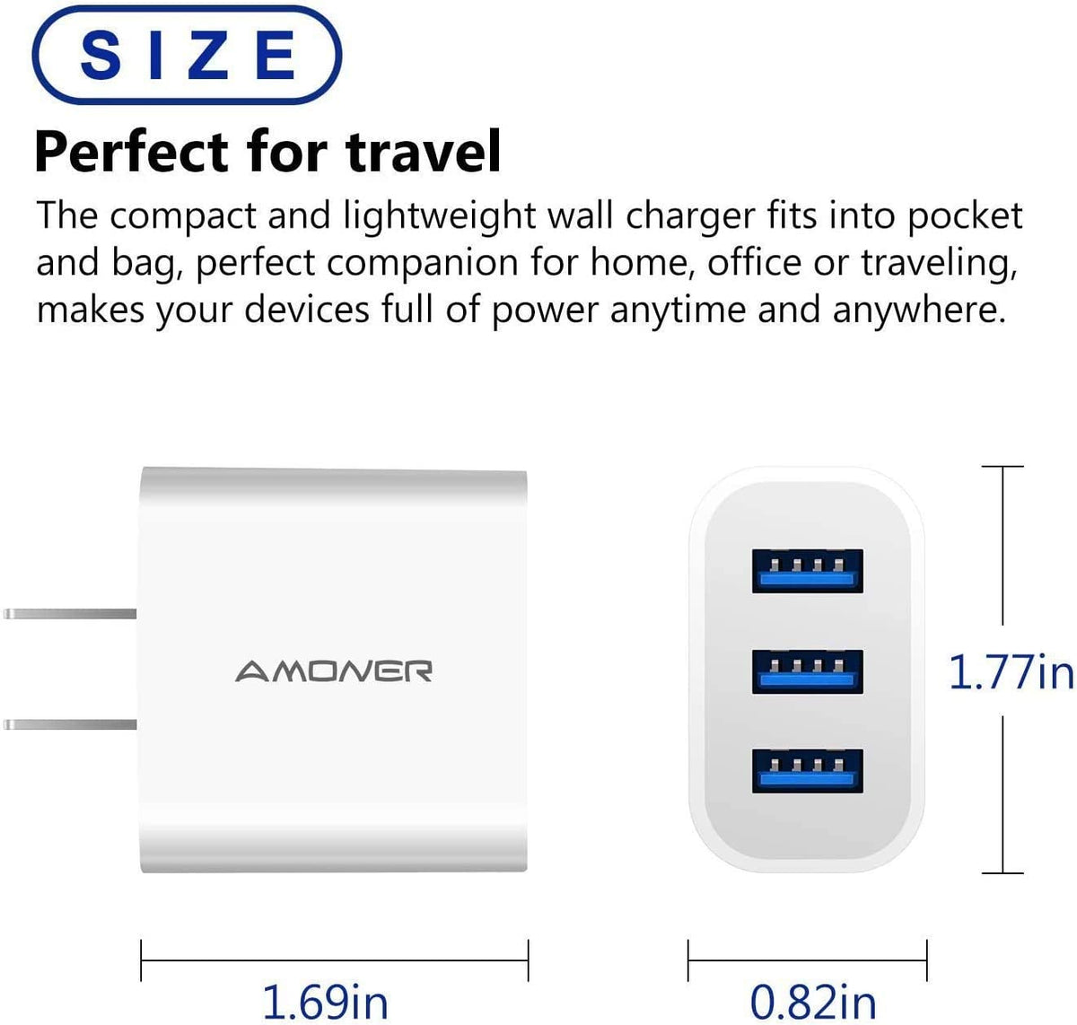 15W 3-Port USB Wall Charger (2-Pack) for iPhone, Galaxy, Android Phones and More