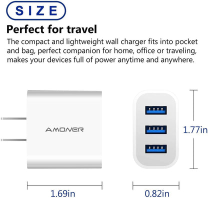 15W 3-Port USB Wall Charger (2-Pack) for iPhone, Galaxy, Android Phones and More