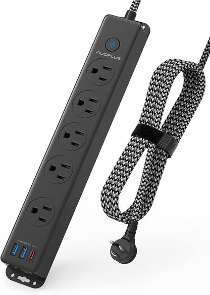 Premium Surge Protector Power Strip with USB-C Ports and 10FT Braided Extension Cord