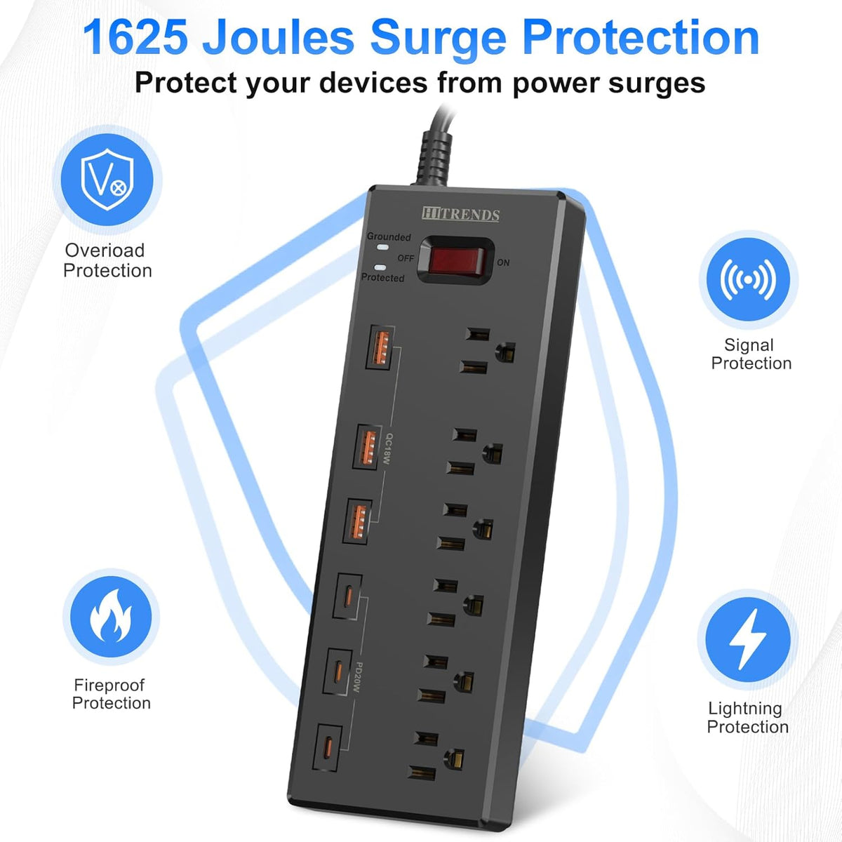 Power Strip with USB C Ports,  Surge Protector with 6 AC Outlets & 6 USB Ports (3 USB C & 3 USB A), 20W PD Fast Charging Station, 6FT Flat Plug Extension Cord, 1625W/13A, for Home Office