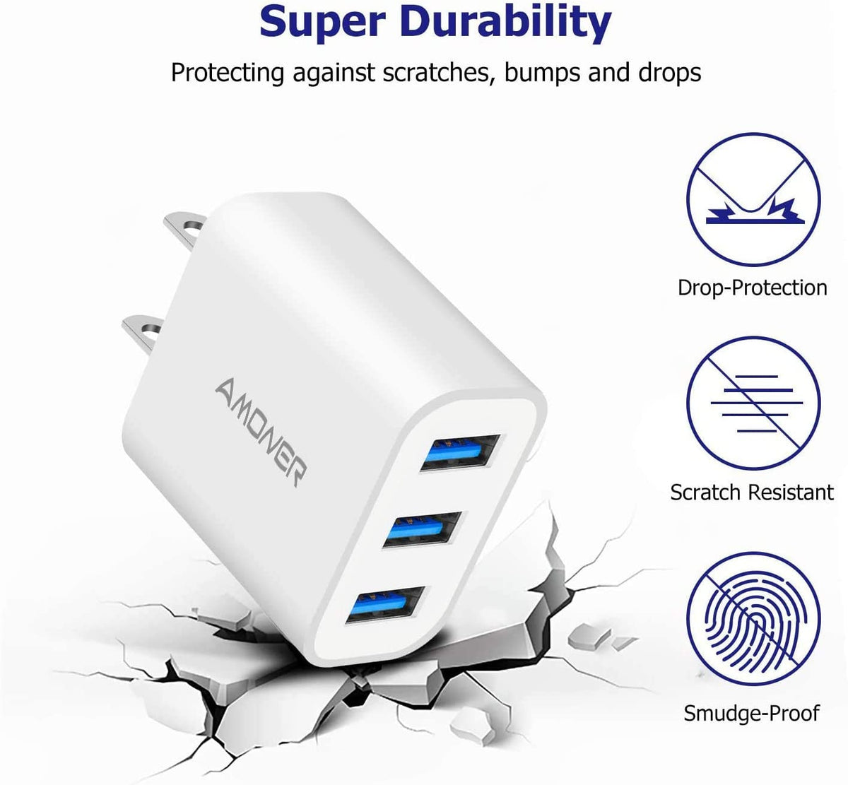 15W 3-Port USB Wall Charger (2-Pack) for iPhone, Galaxy, Android Phones and More
